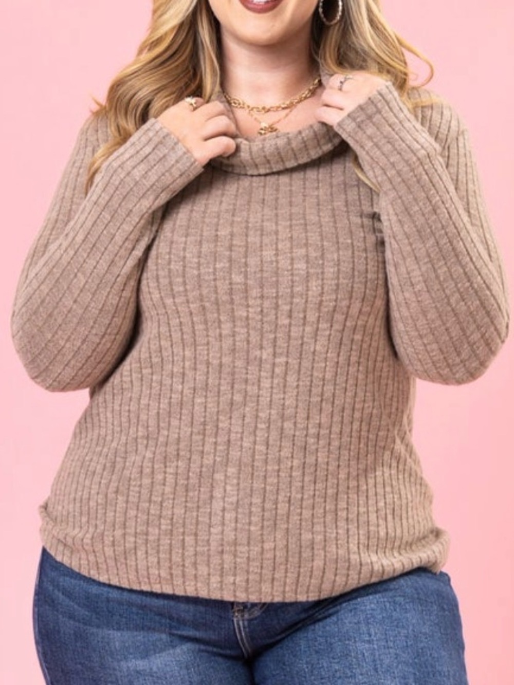 Hacci Cozy Wide Ribbed Cowl Knit Sweater - Mocha.  Medium. DD Designs.
